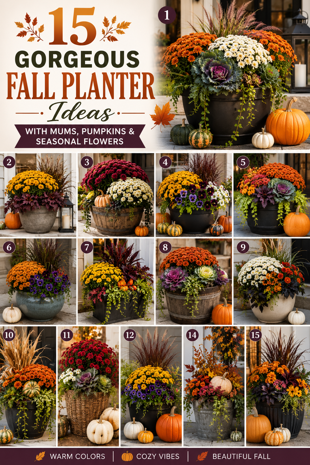 15 Gorgeous Fall Planter Ideas With Mums, Pumpkins & Seasonal Flowers