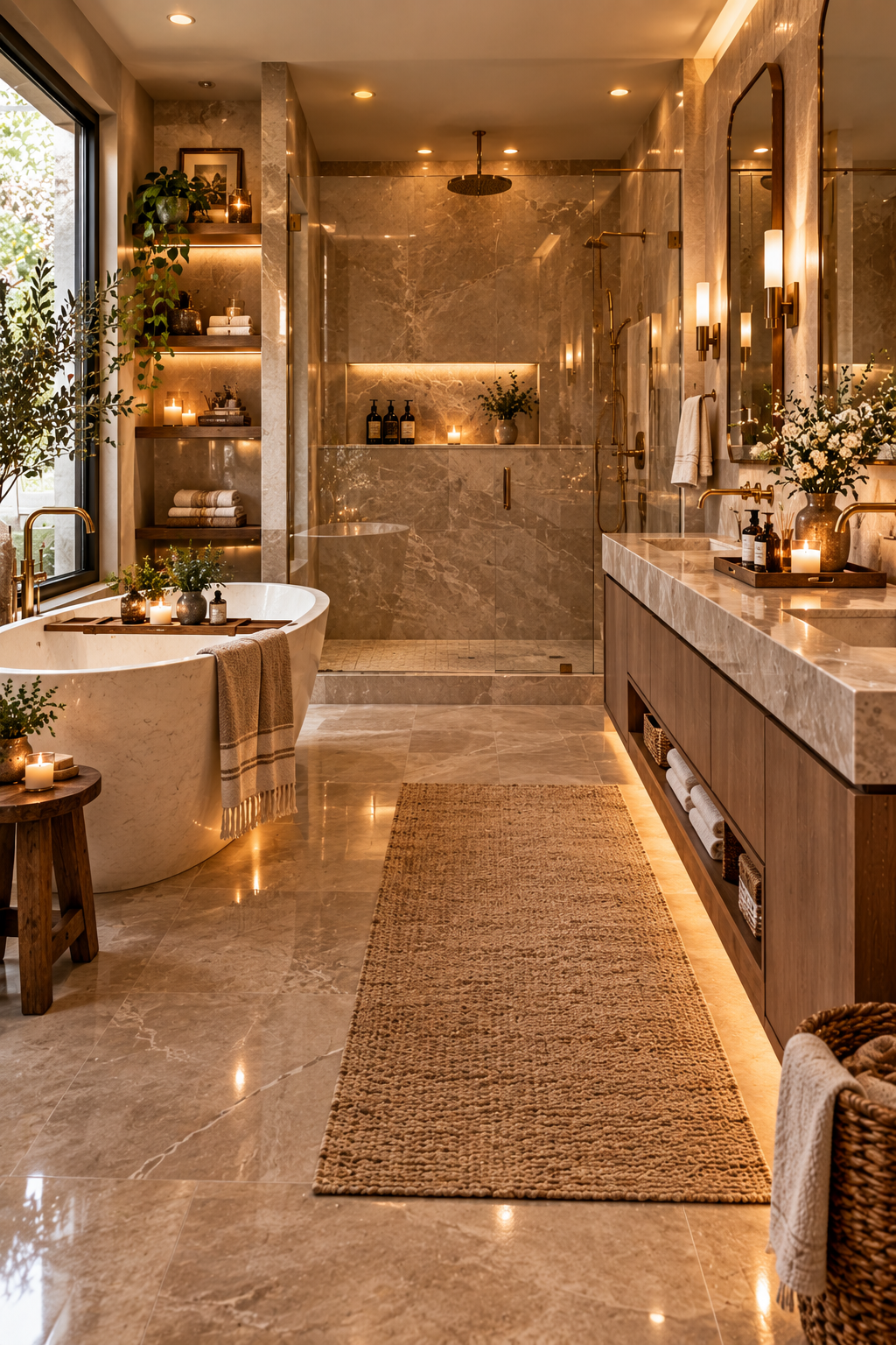 Modern Luxury Bathroom Ideas With Natural Stone & Warm Lighting